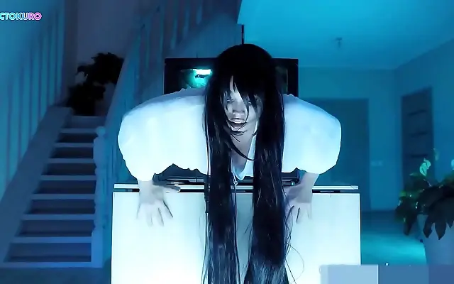 On all fours Sadako's big booty trapped in TV as he roughs her up