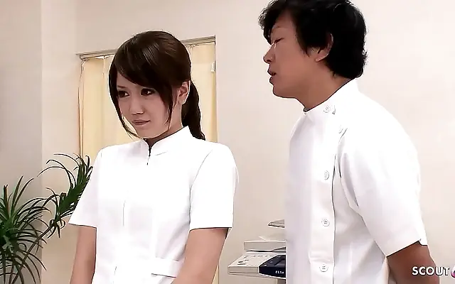 Hospital Desk Double Creampie MMF 3Some with Petite Japanese Nurse