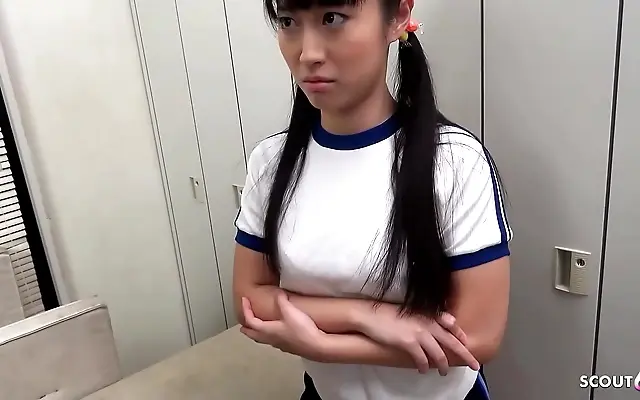 School desk creaks as petite Japanese teen takes first blowjob from classmate