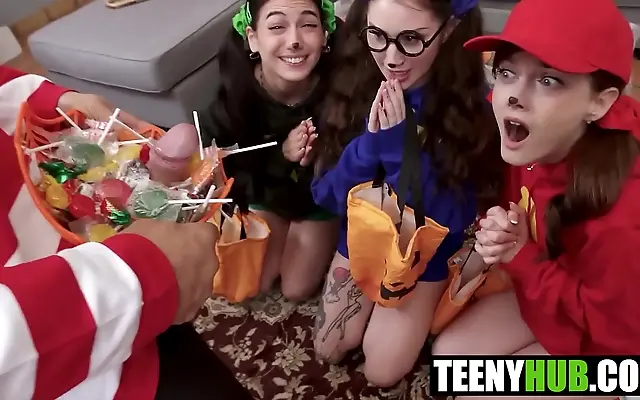Straddles the towering cock three petite teens take turns on Halloween night